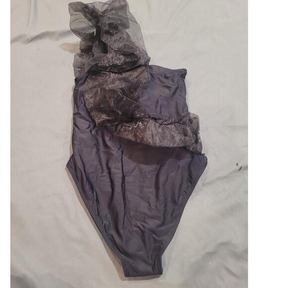 Black Ruffle 1 PC Tummy Control Swimsuit, Black, w/ Sheer Zebra Cover-Up, Small - Picture 8 of 10